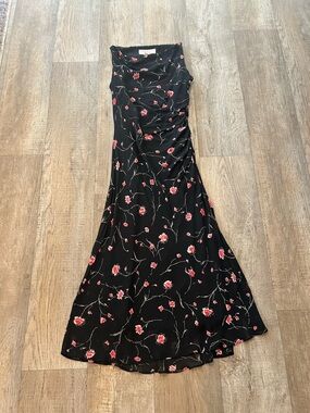 Vintage Jones New York Black Floral Maxi Dress with Cowl Neck and Ruching 90s